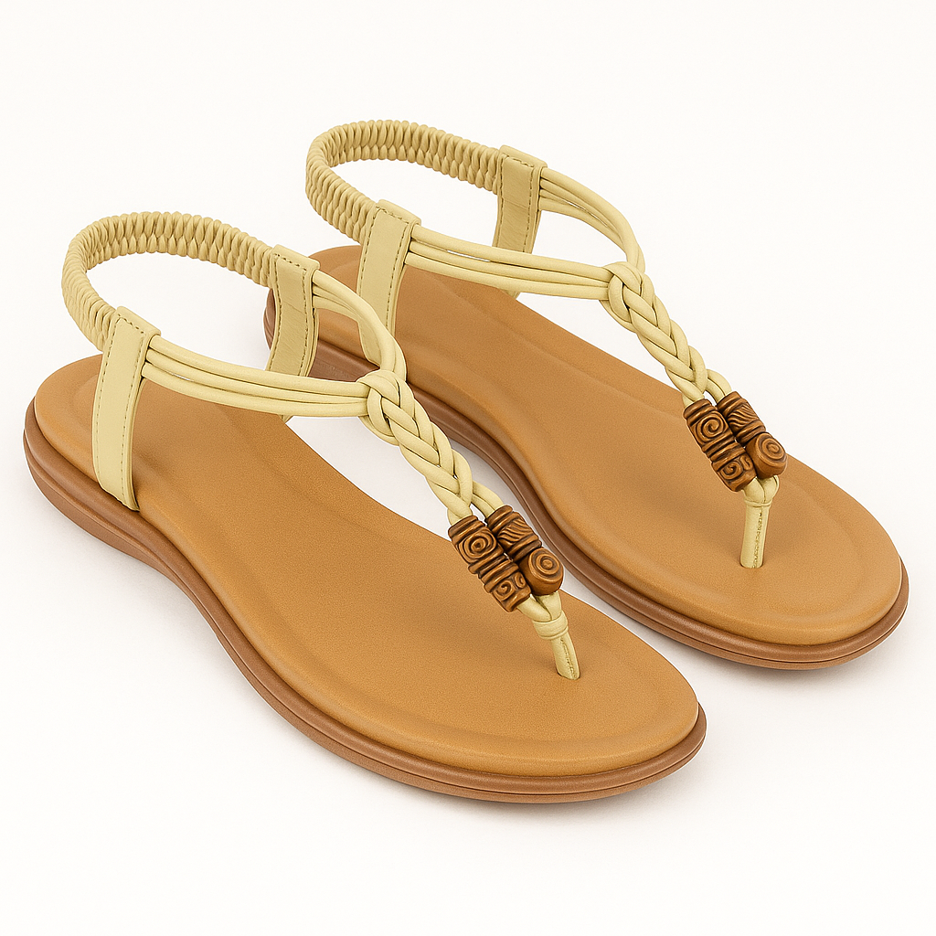 Sandália Auréla Feminina – Rasteira Bege com Detalhes Trançados e Miçangas