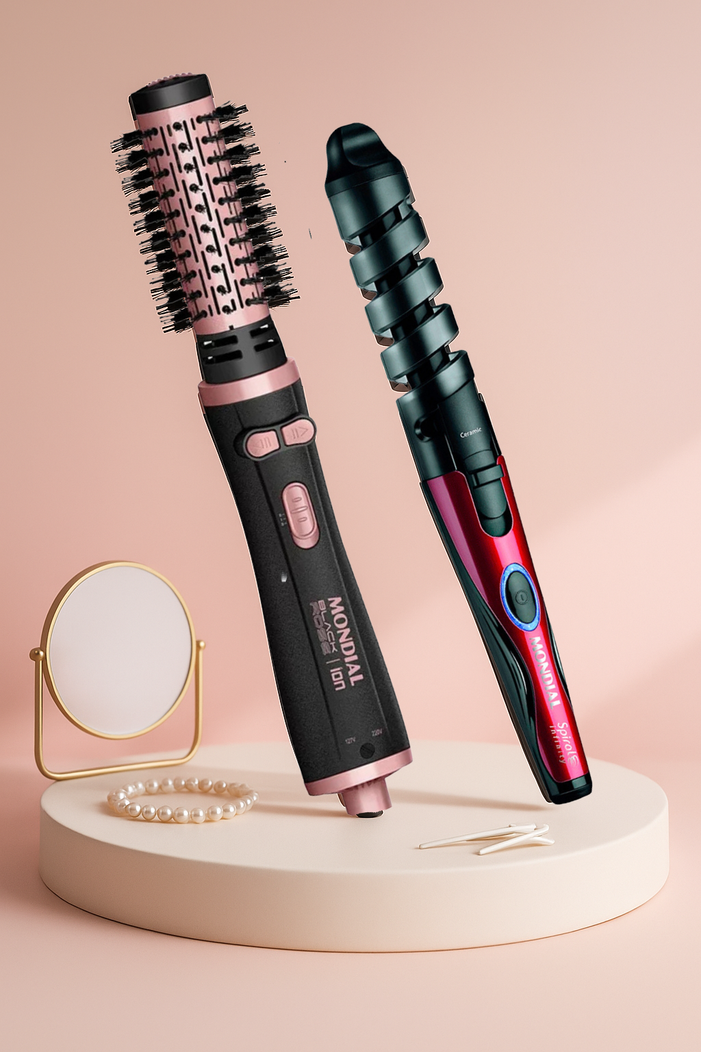 Kit Escova Rotativa Mondial Black Rose Ion Com Modelador Cachos Spiral Bivolt