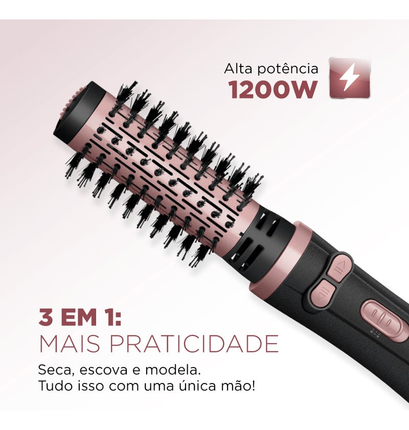 Kit Escova Rotativa Mondial Black Rose Ion Com Modelador Cachos Spiral Bivolt