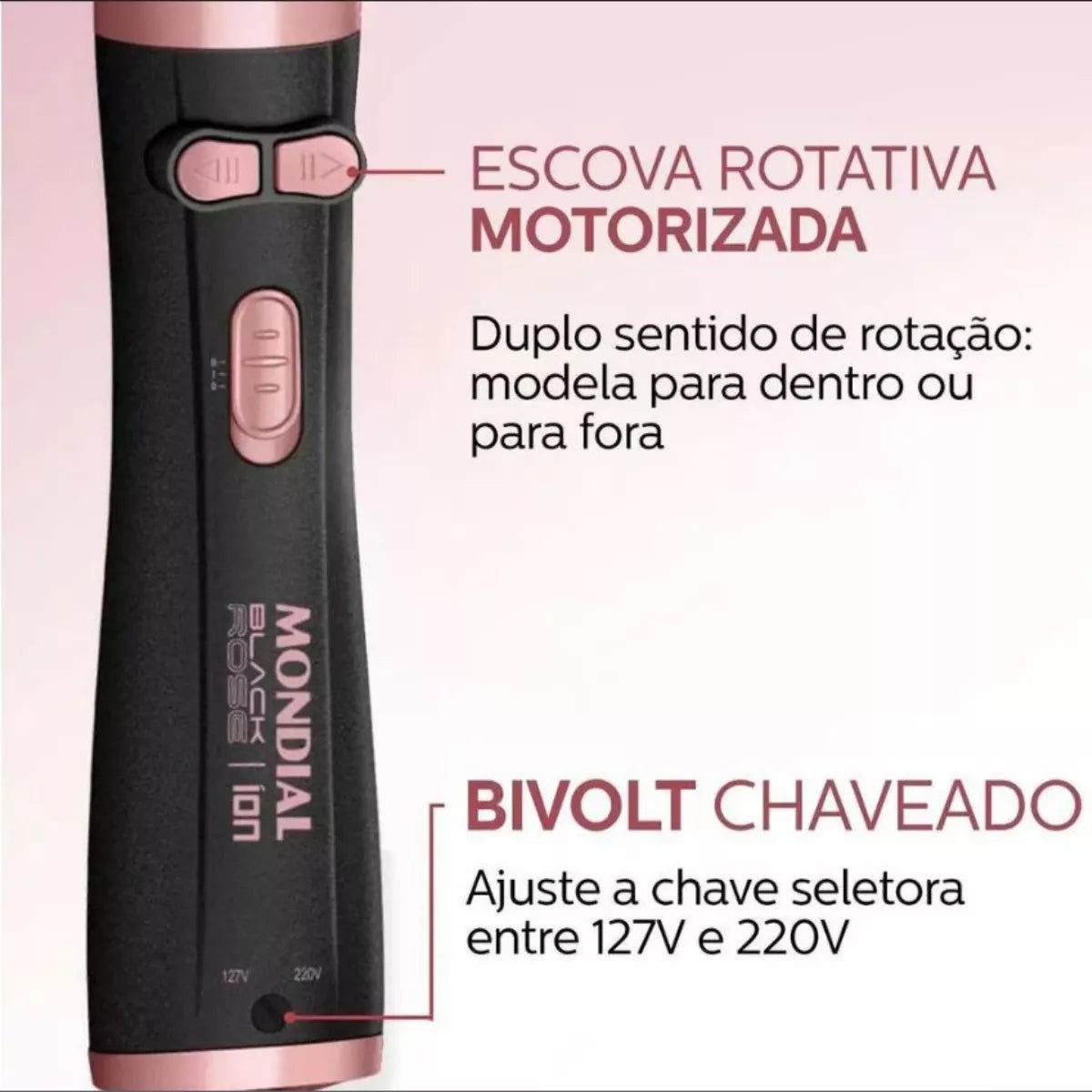 Escova de Cabelo Rotativa Mondial Cerâmica Com Tourmaline Íon Bivolt