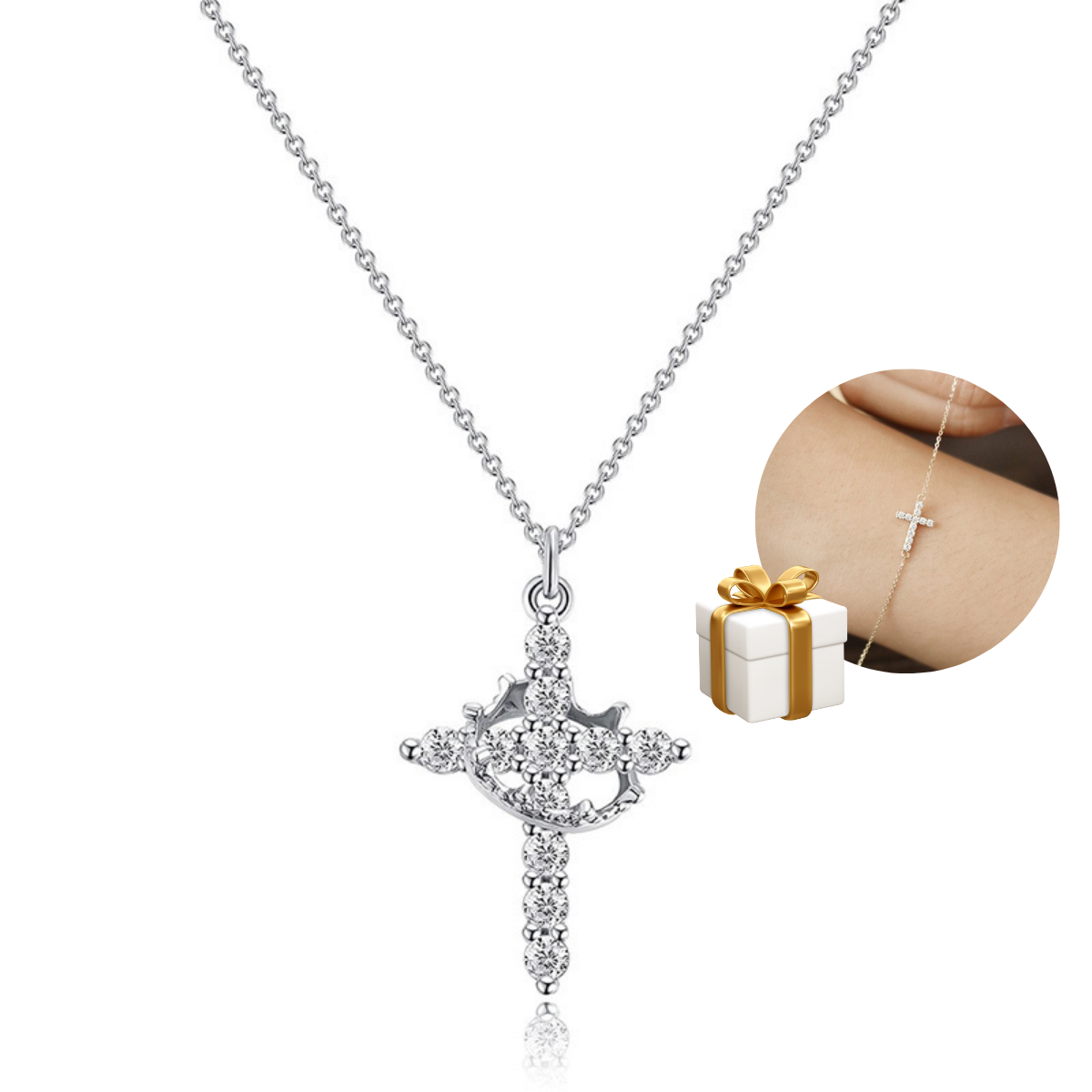 Colar Cruz Real Cravejado em Zircônia + Brinde Exclusivo Pulseira Aurora Cross