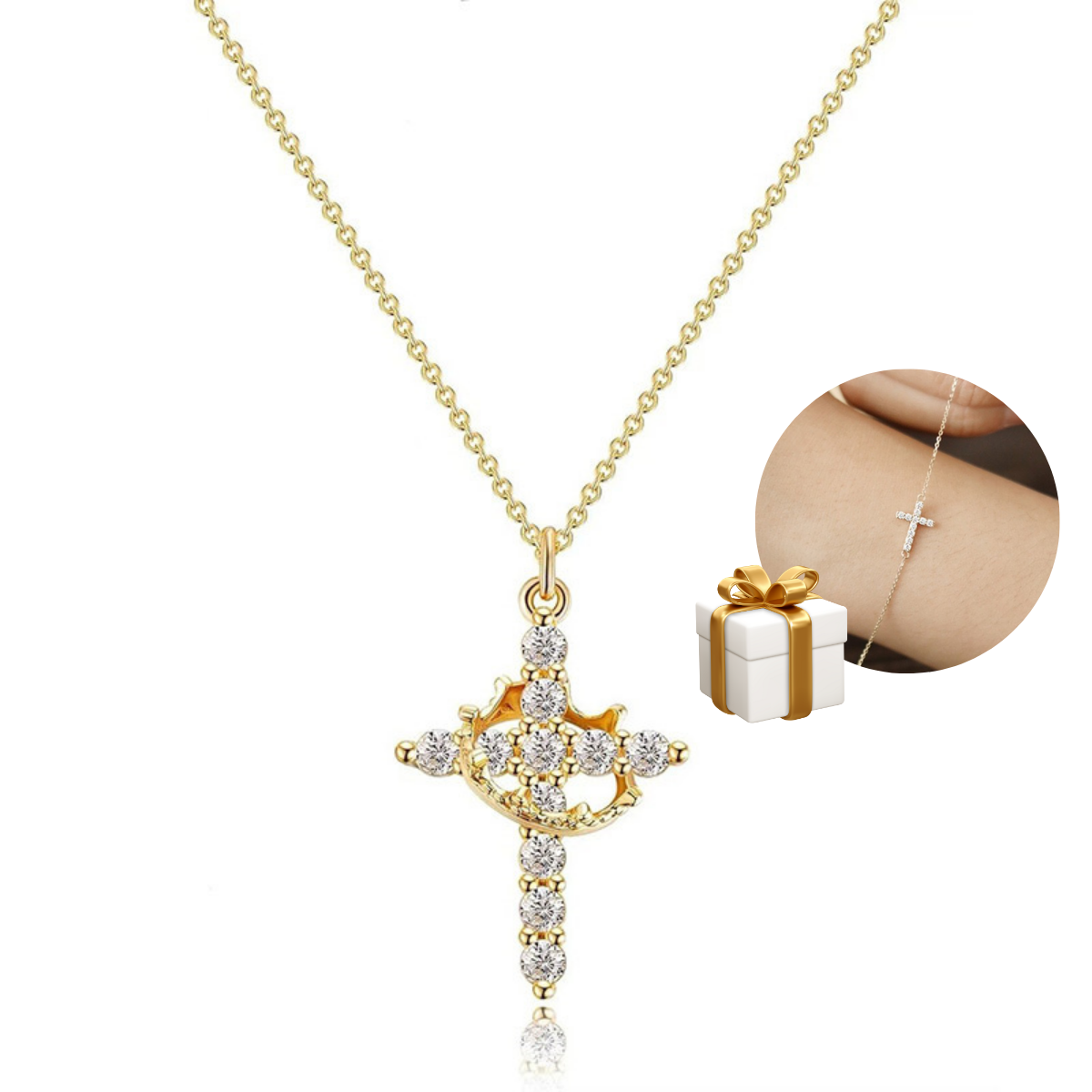 Colar Cruz Real Cravejado em Zircônia + Brinde Exclusivo Pulseira Aurora Cross