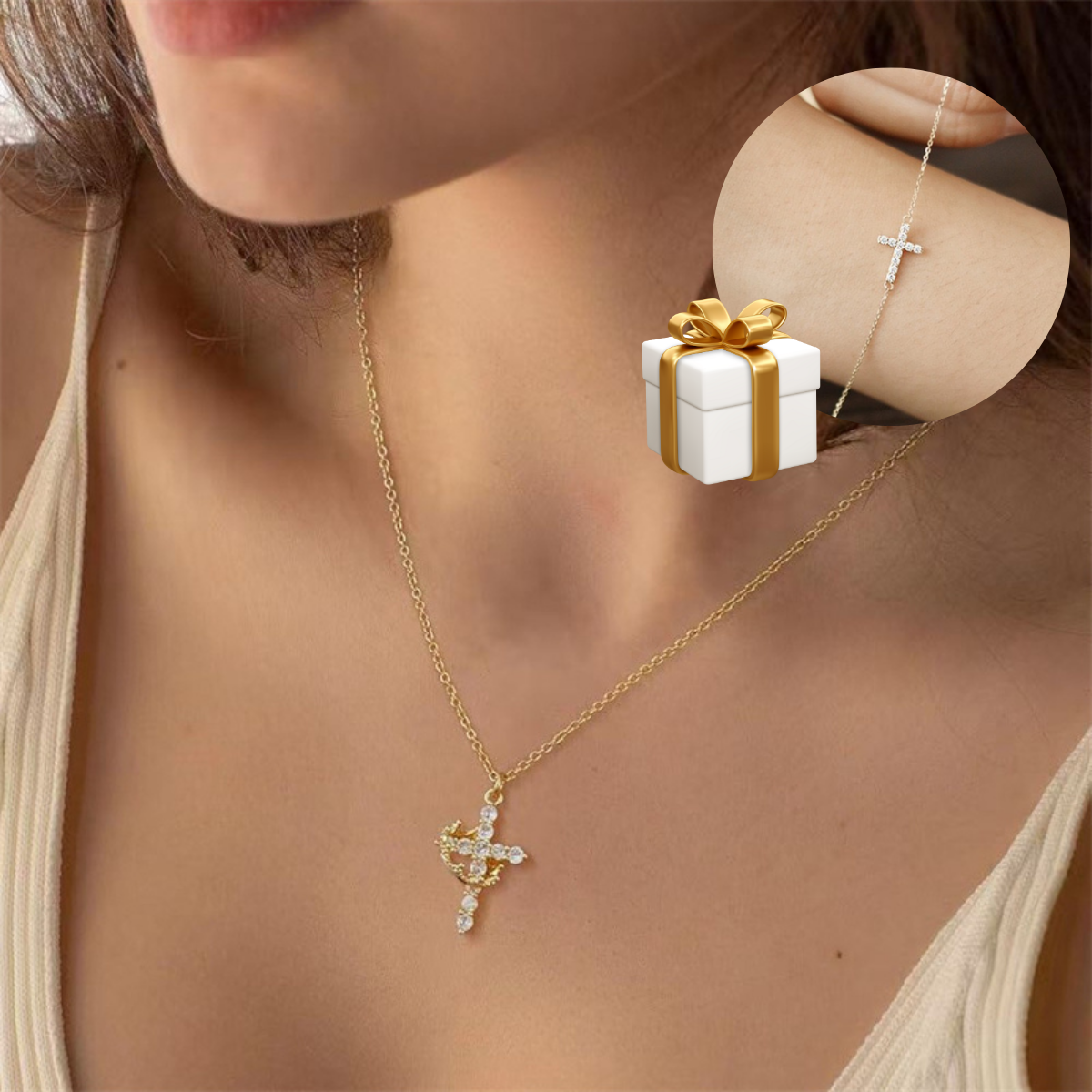 Colar Cruz Real Cravejado em Zircônia + Brinde Exclusivo Pulseira Aurora Cross