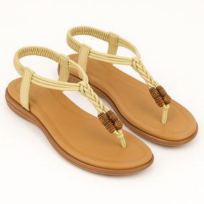 Sandália Auréla Feminina – Rasteira Bege com Detalhes Trançados e Miçangas