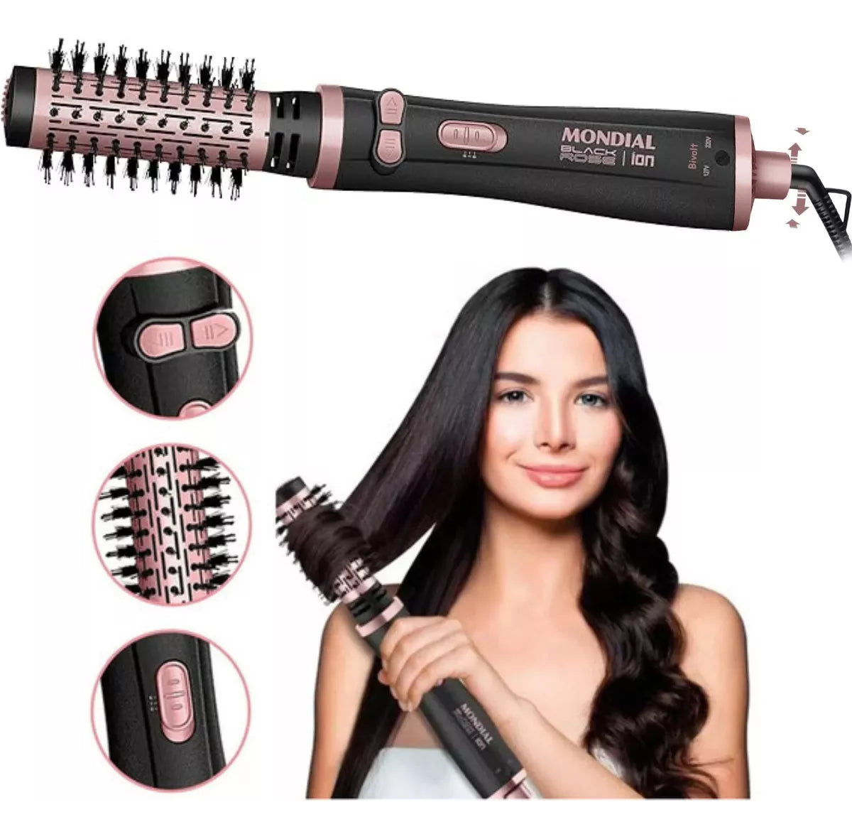 Escova de Cabelo Rotativa Mondial Cerâmica Com Tourmaline Íon Bivolt