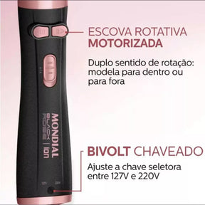Escova de Cabelo Rotativa Mondial Cerâmica Com Tourmaline Íon Bivolt