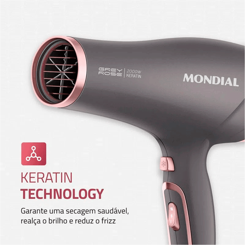 Secador de Cabelo Mondial Grey  Rose Keratin 2000W Íon 220V