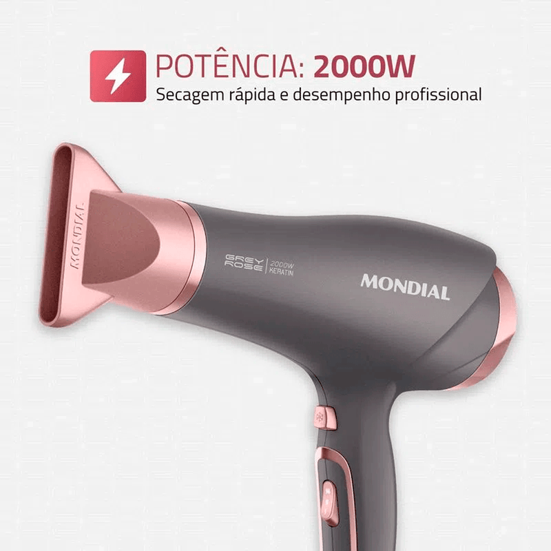 Secador de Cabelo Mondial Grey  Rose Keratin 2000W Íon 220V