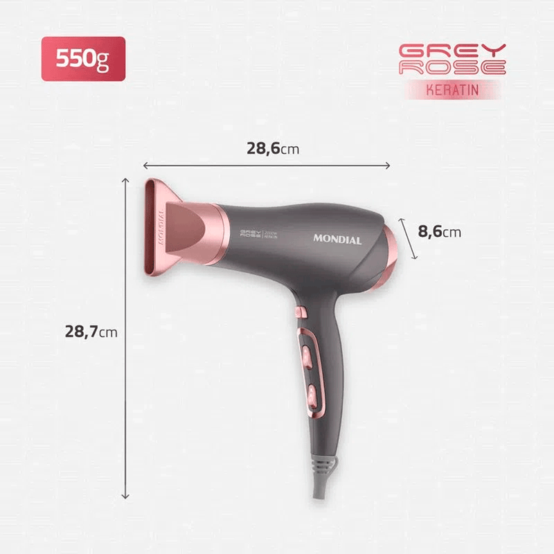 Secador de Cabelo Mondial Grey  Rose Keratin 2000W Íon 220V